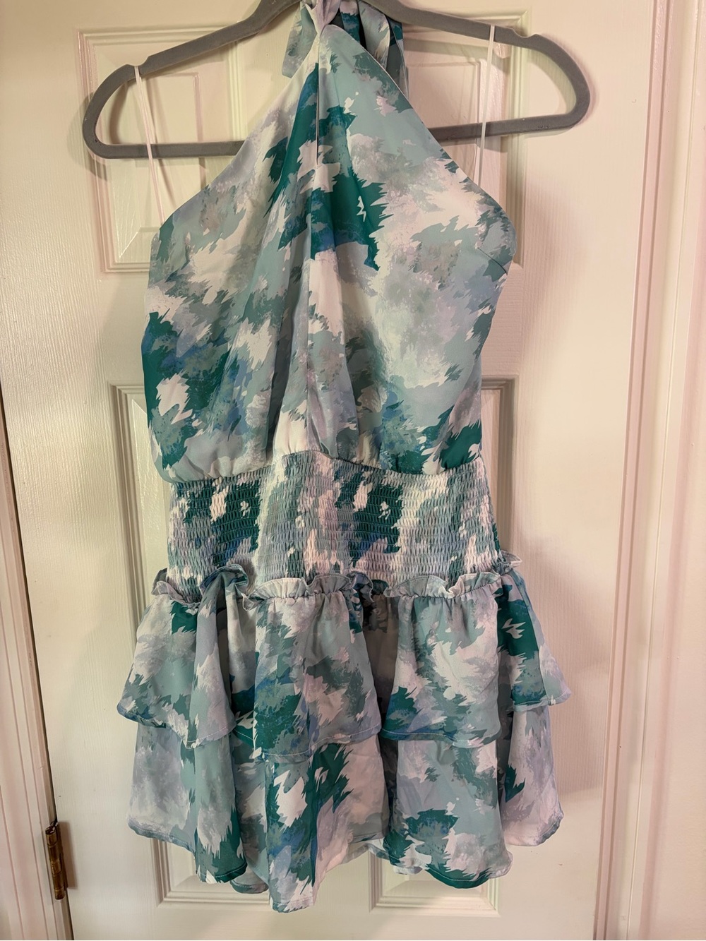 Ladies Tiered Halter Sundress in Teal Watercolor